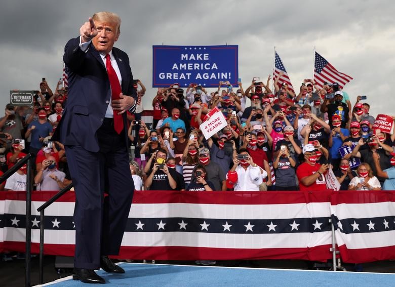 President Trump gestures during a campaign event at Smith Reynolds Regional Airport in Winston-Salem, North Carolina. REUTERS/Jonathan Ernst    